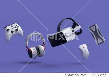 Top view gamer gears like joystick, VR glasses, headphones and mouse 104254444