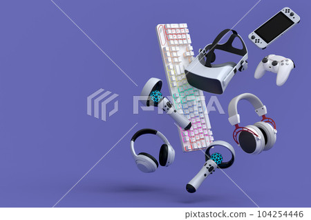 Top view gamer gears like joystick, keyboard, headphones and microphone 104254446