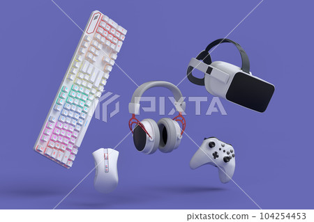 Top view gamer gears like joystick, keyboard, headphones and VR glasses 104254453