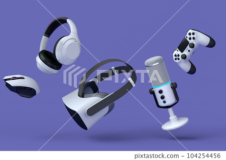 Top view gamer gears like joystick, microphone, headphones and VR glasses 104254456