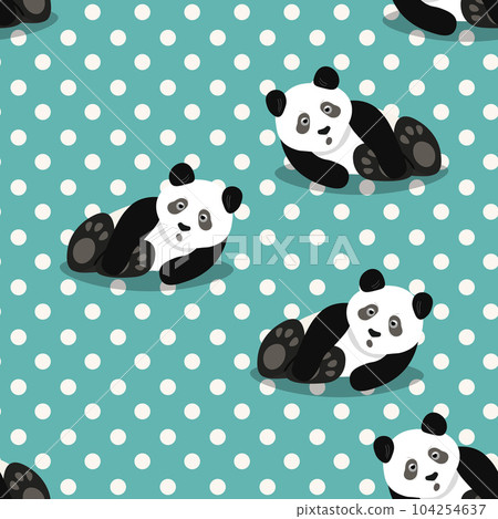 Seamless pattern with cute panda baby on color background. Funny asian animals. Card, postcards for kids. Flat vector illustration for fabric, textile, wallpaper, poster, gift wrapping paper Seamless pattern with cute panda baby on color background. Funny asian animals. Card, postcards for kids. Flat vector illustration for fabric, textile, wallpaper, poster, gift wrapping paper 104254637