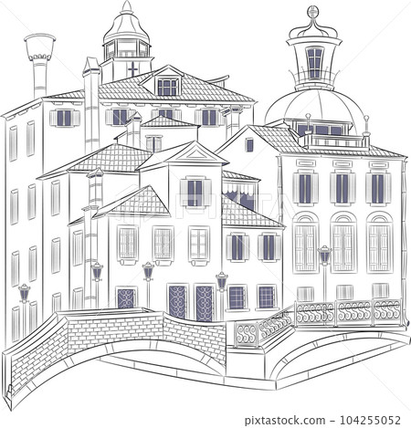 Black and white drawing of an old Venetian square with old houses. Black and white drawing of an old Venetian square with old houses. 104255052