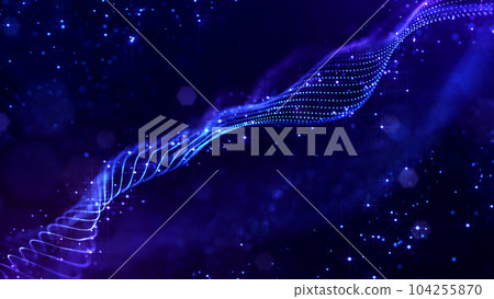 3d render. Abstract sci-fi bg with glow particles form curved lines, surfaces, hologram structures or virtual digital space. Deep blue motion design background of microworld or cosmic space. Strings 3d render. Abstract sci-fi bg with glow particles form curved lines, surfaces, hologram structures or virtual digital space. Deep blue motion design background of microworld or cosmic space. Strings 104255870