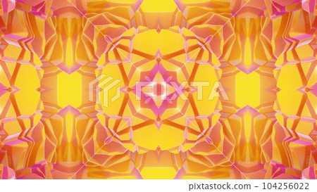 3d render. Abstract background simmetrical 3d liquid pattern with bright gradient color transition. Liquid kaleidoscope viscous liquid waves and glitter on surface. Wavy pattern. Yellow red colors 3d render. Abstract background simmetrical 3d liquid pattern with bright gradient color transition. Liquid kaleidoscope viscous liquid waves and glitter on surface. Wavy pattern. Yellow red colors 104256022