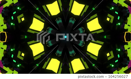 3d render. Dark background with abstract symmetrical pattern of geometric 3d stuff and neon light. Science fiction cyberpunk bg with mechanism and neon light 104256027