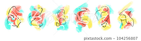 Abstract set of bright colors hand drawn backgrounds with contrast shapes and lines. Vibrant colorful compositions with messy strokes for graphic design, banners, posters, surface, greeting cards 104256807