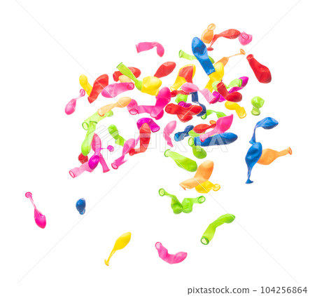 Deflated rubber colorful balloons fly in air. Many colorful deflated balloons in red, blue, yellow throw scatter. Toy for kid to play in birthday party and celebrate, white background isolated 104256864