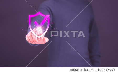Quality assurance of business services. Customer is pressing identity proofing icon for security protection systems on virtual screen. Certified guarantee approval or secure access system concept. Quality assurance of business services. Customer is pressing identity proofing icon for security protection systems on virtual screen. Certified guarantee approval or secure access system concept. 104256953