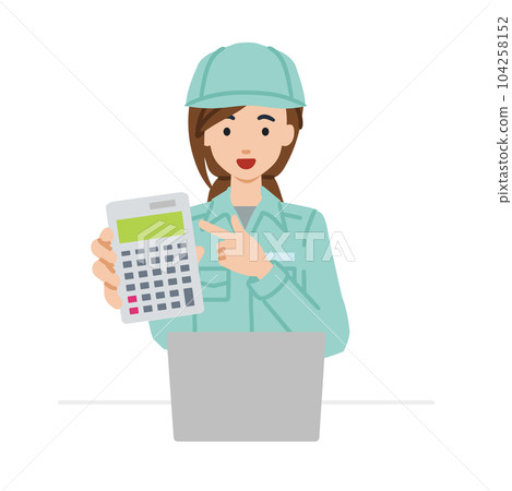 一位坐在辦公桌前的女工打開筆記本電腦,指著一個計算器給我們看 一位坐在辦公桌前的女工打開筆記本電腦,指著一個計算器給我們看 104258152