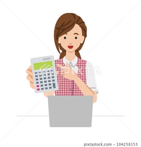 一位身穿文員制服的女士坐在她的辦公桌前,打開她的筆記本電腦,指著一個計算器,給我看 一位身穿文員制服的女士坐在她的辦公桌前,打開她的筆記本電腦,指著一個計算器,給我看 104258153