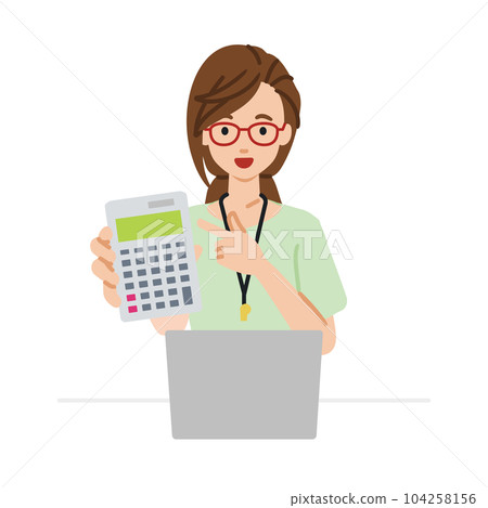 一位女老師坐在她的辦公桌前,她的筆記本電腦打開,指著一個指向你的計算器 一位女老師坐在她的辦公桌前,她的筆記本電腦打開,指著一個指向你的計算器 104258156