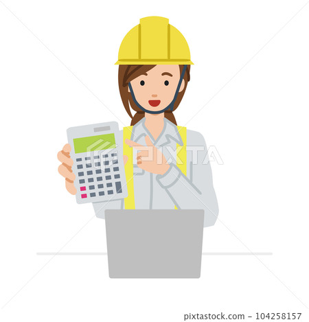 建築工地的一位女士坐在她的辦公桌前,打開她的筆記本電腦,指著一個計算器,並向我們展示 建築工地的一位女士坐在她的辦公桌前,打開她的筆記本電腦,指著一個計算器,並向我們展示 104258157