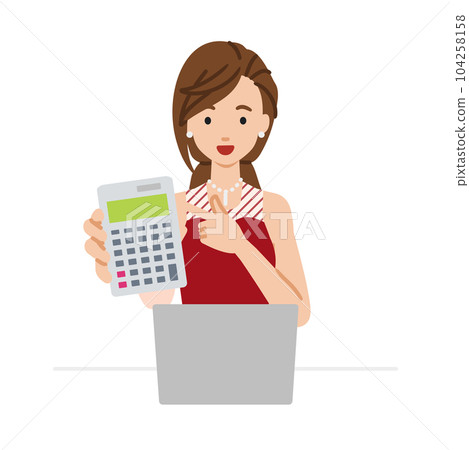 一個穿著裙子的女人坐在她的辦公桌前，她的筆記本電腦打開並指著一個指向你的計算器 104258158