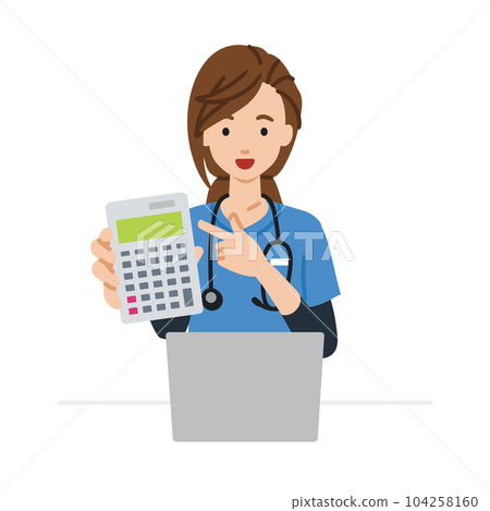 一位女護士坐在她的辦公桌前,打開她的筆記本電腦,指著一個計算器並向我們展示 一位女護士坐在她的辦公桌前,打開她的筆記本電腦,指著一個計算器並向我們展示 104258160