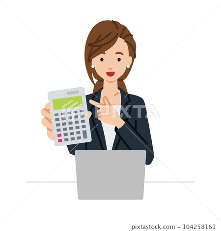A woman in a suit sitting at her desk, opening her laptop, pointing at a calculator, and showing it to us A woman in a suit sitting at her desk, opening her laptop, pointing at a calculator, and showing it to us 104258161