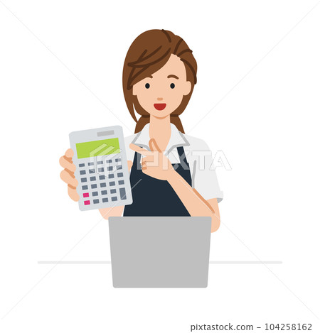A female clerk wearing an apron sits at her desk, opens her laptop, points to a calculator, and shows it to us A female clerk wearing an apron sits at her desk, opens her laptop, points to a calculator, and shows it to us 104258162