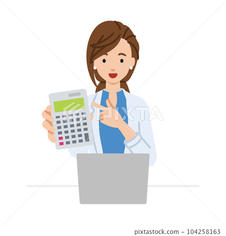 A woman in a jacket sitting at her desk with her laptop open and pointing at a calculator pointing at you A woman in a jacket sitting at her desk with her laptop open and pointing at a calculator pointing at you 104258163