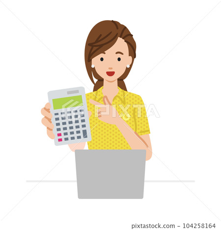 A woman in a polo shirt sitting at her desk with her laptop open and pointing at a calculator pointing at you A woman in a polo shirt sitting at her desk with her laptop open and pointing at a calculator pointing at you 104258164