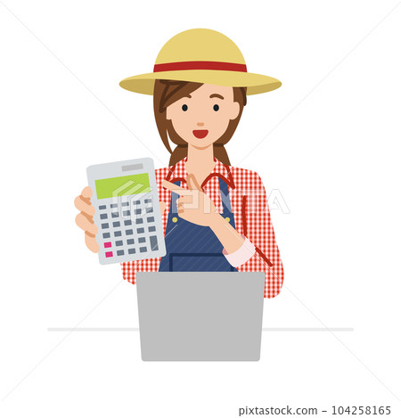 A farmer woman sitting at her desk with her laptop open and pointing at a calculator pointing towards you A farmer woman sitting at her desk with her laptop open and pointing at a calculator pointing towards you 104258165