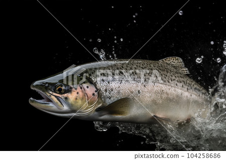Salmon jumping out of the water on a black background. Underwater animals. Illustration, Generative AI. 104258686