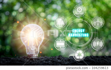 Energy harvesting concept, Light bulb on soil with energy harvesting icon on virtual screen. Energy harvesting concept, Light bulb on soil with energy harvesting icon on virtual screen. 104259613