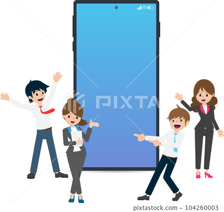 Salary man and Colleagues Show Mobile Phone about Covid Coronavirus Vaccine Registration 104260003