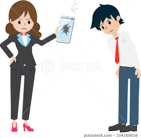 flat cartoon salaryman is apologizing to the customer from the heart for broken things to sell. broken smart phone. flat cartoon salaryman is apologizing to the customer from the heart for broken things to sell. broken smart phone. 104260016