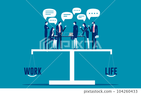 Business team balancing on scale that weighs work and life. Business cartoon vector illustration 104260433