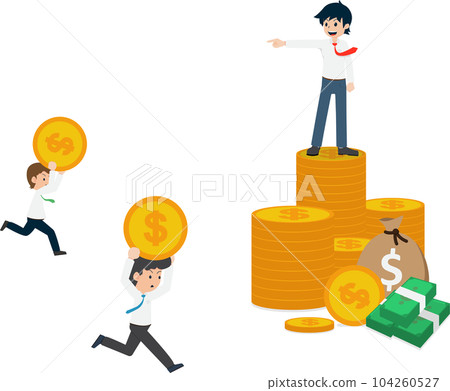 Salary Man Standing on a pile of money and someone working to make money for him 104260527
