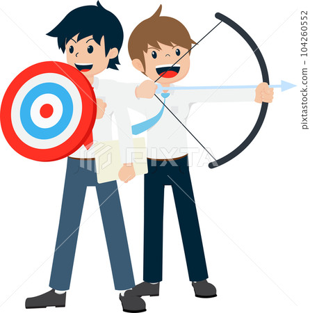 Salary, men stand and hold shields in the form of targets and colleagues hold arrows. Fight together 104260552