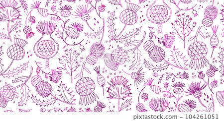 Milk Thistle flowers. Silymarin. Vector botanical illustration. Seamless pattern for your design 104261051
