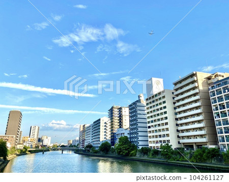 Fukuoka City View and airplane from Yanagibashi 104261127