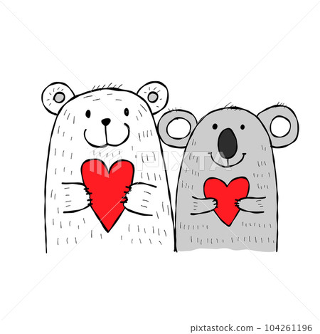 Polar and koala bears with hearts in hands. Be my Valentine. Valentine's day banner, background, flyer, placard. Holiday poster for scrapbooking. Vector illustration card for greeting, decoration Polar and koala bears with hearts in hands. Be my Valentine. Valentine's day banner, background, flyer, placard. Holiday poster for scrapbooking. Vector illustration card for greeting, decoration 104261196