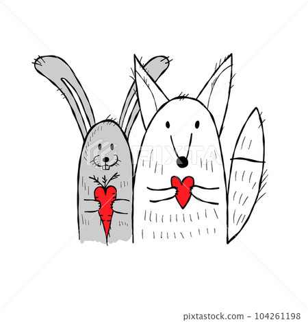 Bunny and fox with hearts in hands. Be my Valentine. Valentine's day banner, background, flyer, placard. Holiday poster for scrapbooking. Vector illustration card for greeting, decoration Bunny and fox with hearts in hands. Be my Valentine. Valentine's day banner, background, flyer, placard. Holiday poster for scrapbooking. Vector illustration card for greeting, decoration 104261198