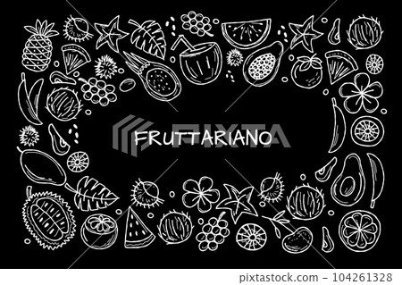 Tropical fruits. Horizontal card design with place for your text. White on black background 104261328