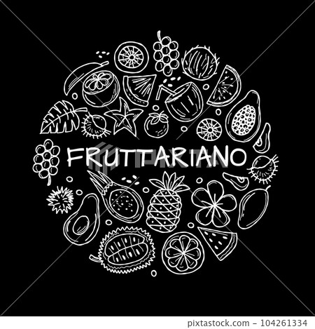 Tropical fruits collection. Circle shape for your design. White on black background 104261334