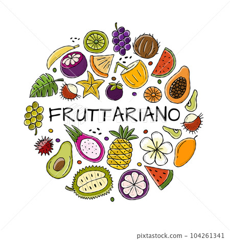 Tropical fruits collection. Circle frame for your design with place for your text 104261341
