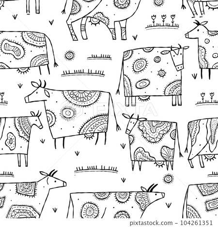 Stylish Ethnic Cows family on meadow. Seamless pattern background. Colouring page. Vector Illustration Stylish Ethnic Cows family on meadow. Seamless pattern background. Colouring page. Vector Illustration 104261351