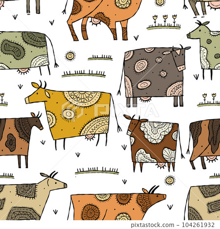 Stylish Ethnic Cows family on meadow. Seamless pattern background. Vector Illustration Stylish Ethnic Cows family on meadow. Seamless pattern background. Vector Illustration 104261932