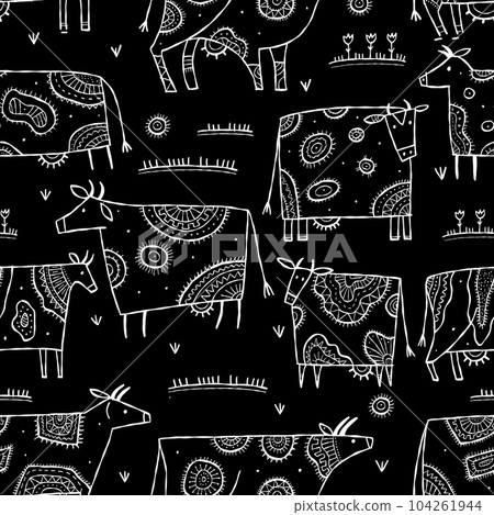 Stylish Ethnic Cows family on meadow. White on black color. Seamless pattern background. Vector Illustration 104261944