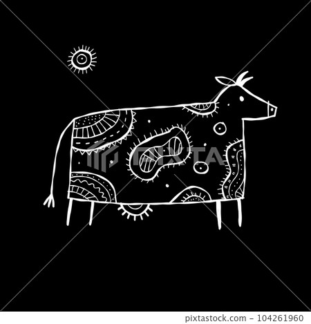 Stylish Ethnic Vector Illustration: Isolated Cow on black Background Stylish Ethnic Vector Illustration: Isolated Cow on black Background 104261960