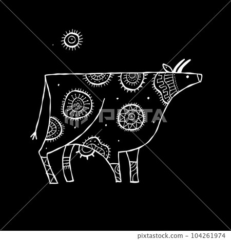Stylish Ethnic Vector Illustration: Isolated Cow on black Background Stylish Ethnic Vector Illustration: Isolated Cow on black Background 104261974