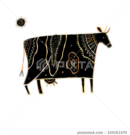 Stylish Ethnic Vector Illustration: Black silhouette Isolated Cow on White Background Stylish Ethnic Vector Illustration: Black silhouette Isolated Cow on White Background 104261979
