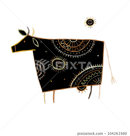 Stylish Ethnic Vector Illustration: Black silhouette Isolated Cow on White Background 104261980