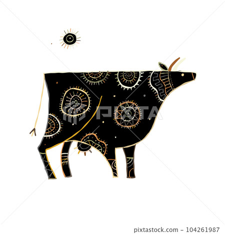 Stylish Ethnic Vector Illustration: Black silhouette Isolated Cow on White Background 104261987