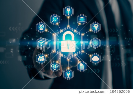 Businessman Hand and Finger Touching Screen and Hexagonal Blue Lock Security Sign in Vintage Tone 104262006