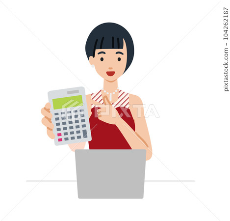 一個穿著裙子的女人坐在她的辦公桌前，她的筆記本電腦打開並指著一個指向你的計算器 104262187