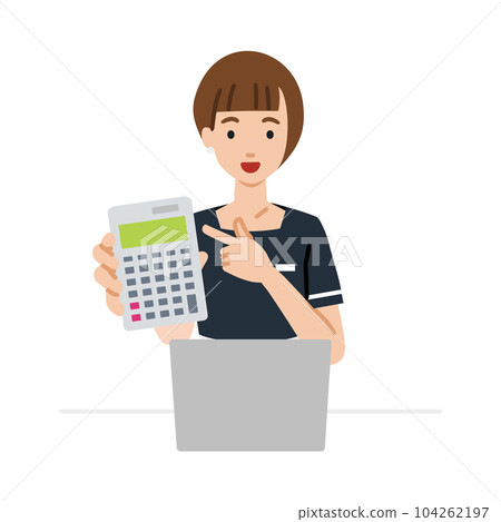 A woman who sits at a desk, opens a laptop, points to a calculator, and shows it towards us. A woman who sits at a desk, opens a laptop, points to a calculator, and shows it towards us. 104262197