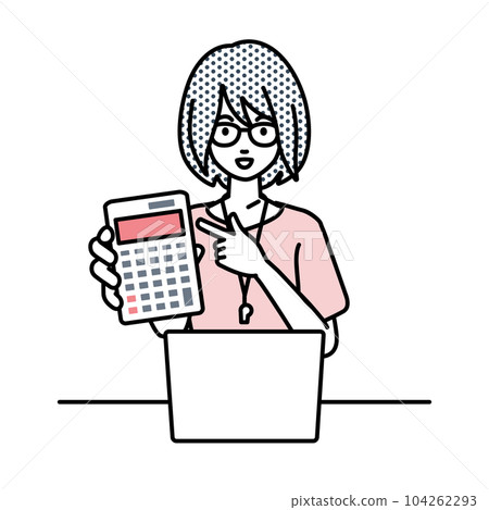 一位女老師坐在她的辦公桌前,她的筆記本電腦打開,指著一個指向你的計算器 一位女老師坐在她的辦公桌前,她的筆記本電腦打開,指著一個指向你的計算器 104262293
