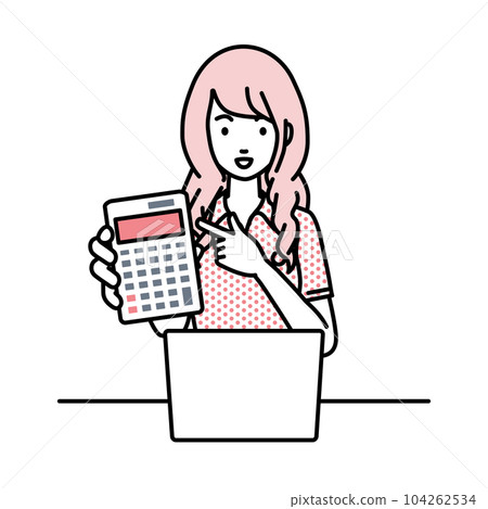 A woman in a polo shirt sitting at her desk with her laptop open and pointing at a calculator pointing at you 104262534